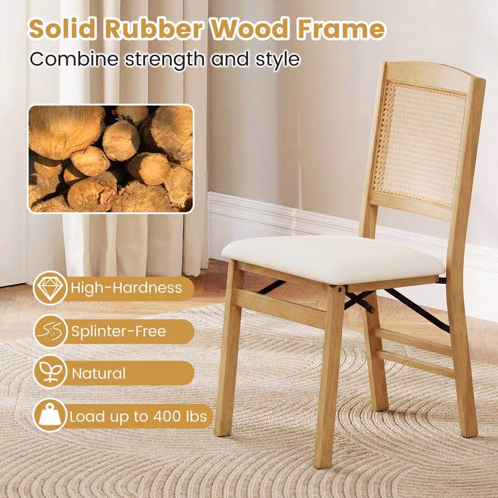 Costway Set of 2 Folding Dining Chairs in Natural Rubberwood with Beige Linen Padded Seats – 2