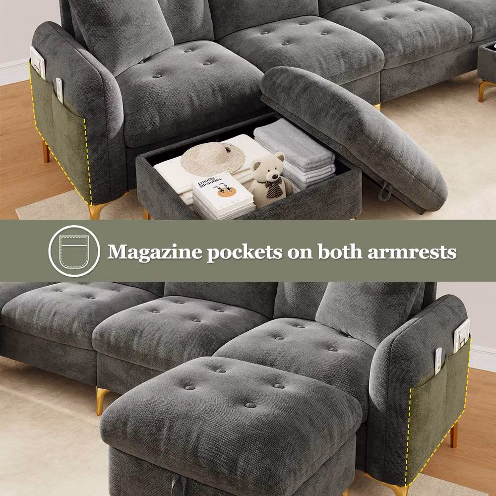 Merax Reversible U-Shaped Modular Corner Sofa in Grey Fabric with 2 Matching Storage Ottomans and Gold Metal Legs – 3