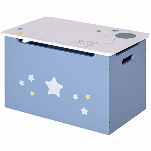 HOMCOM Kids Wooden Toy Storage Chest with Soft Close Lid and Handles, Blue and White, W: 55 cm, D: 34 cm, H: 34 cm