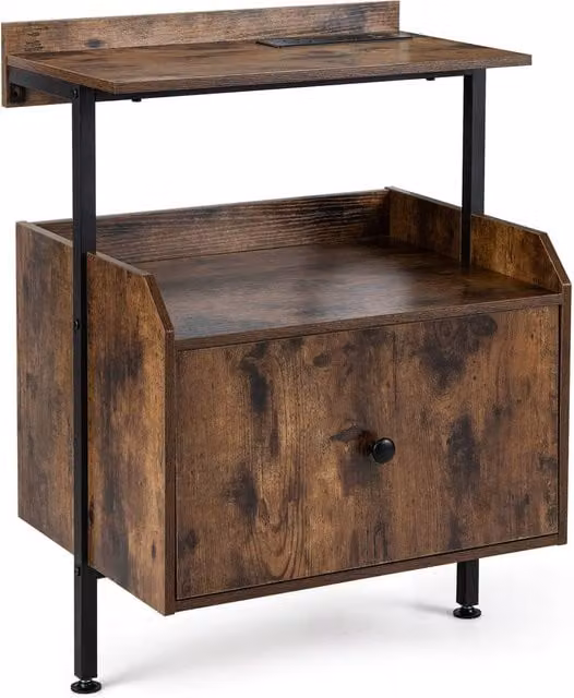 Gymax Industrial Bedside Nightstand with Integrated Lighting and Charging Station, Brown