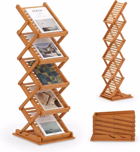 VOGREX Walnut and Bamboo Folding Wooden Magazine Display Rack in Brown – 1