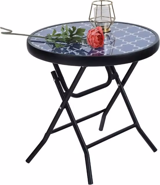 VOGREX PHI VILLA Foldable Blue Garden Coffee Table with Glass and Metal Top W/D/H: 48 x 46 x 46 cm