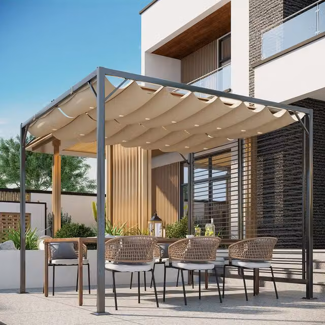 Outsunny Metal Pergola Gazebo with Beige Cloth, Black Frame