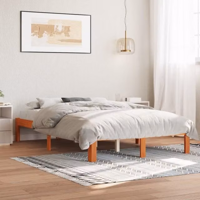 Berkfield Home Solid Wood Pine Bed Frame in Wax Brown, W: 140 cm, L: 200 cm