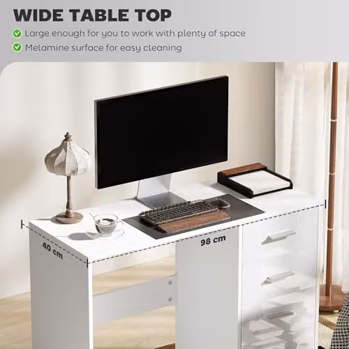 HOMCOM High Gloss Computer Writing Desk with Drawers, White – 4