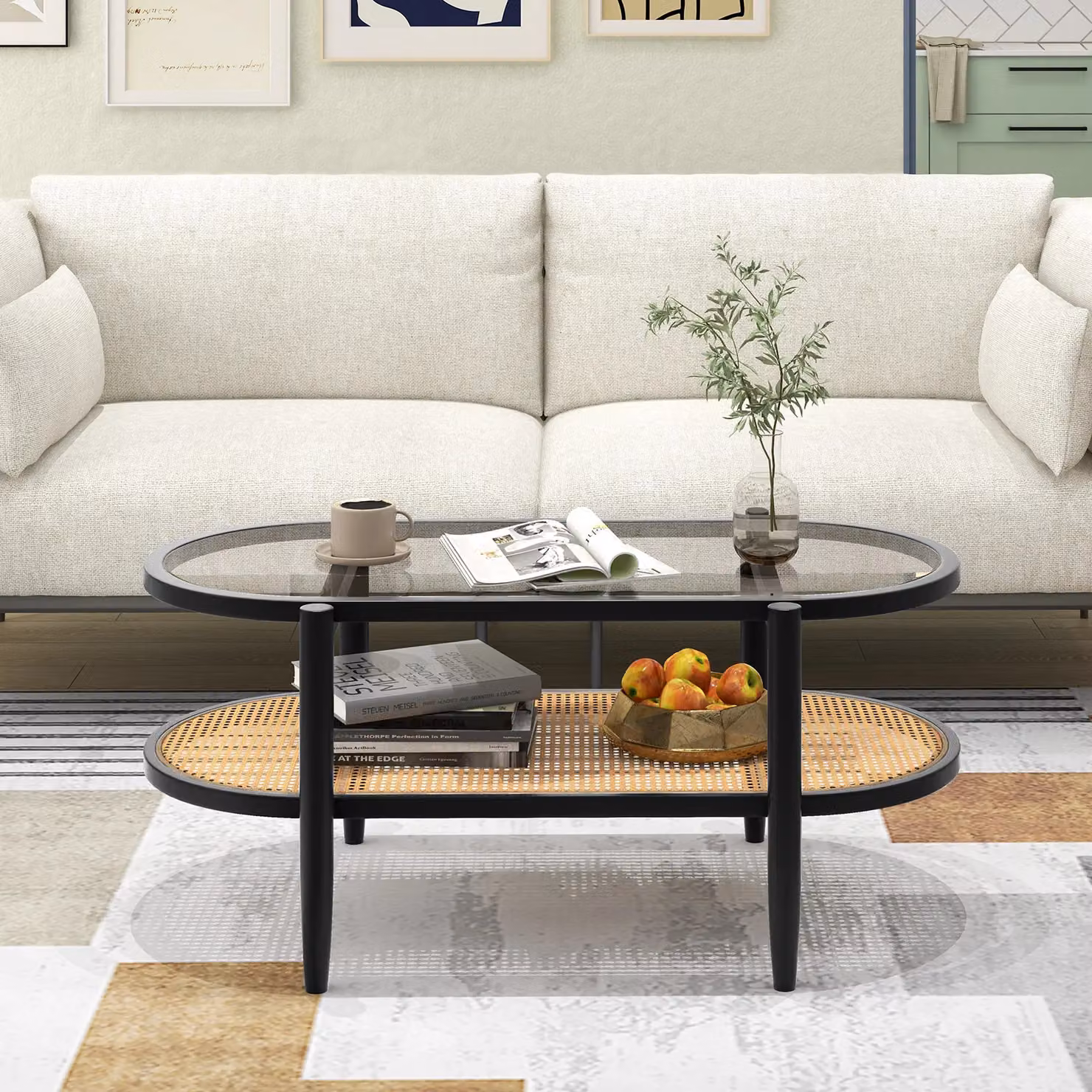 Gymax 2-Tier Oval Coffee Table with Acacia Wood and Glass Top in Black – 6