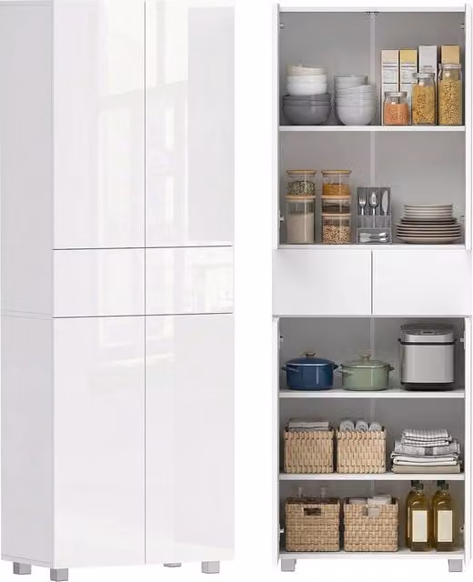HOMCOM Modern Glossy White 4 Door Freestanding Kitchen Storage Cabinet with Internal Shelves