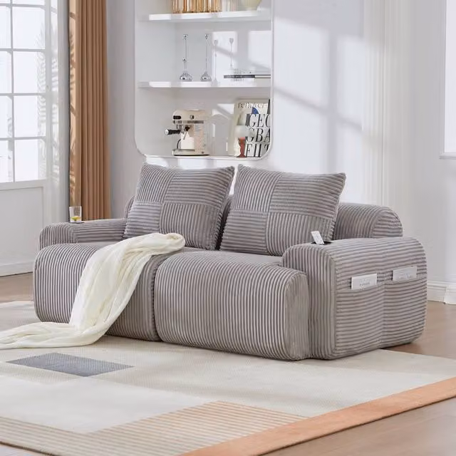 BTM Modular 2 Seater Corduroy Sofa with Cup Holders, Grey, W/D/H: 200 x 80 x 80 cm – 1