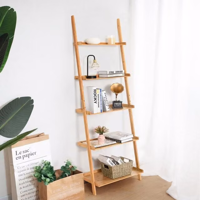 Costway 5-Tier Classic Bamboo Ladder Shelf Display in Natural Brown