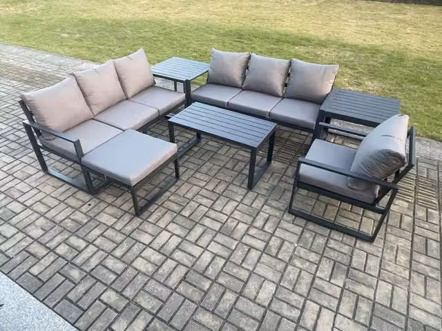 Fimous 8 Seater L-Shape Garden Furniture Set in Anthracite Grey with Powder Coated Aluminium Frame, 3 Seater Sofa, Armchair, Ottoman and Coffee Table