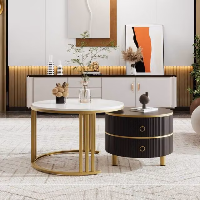 BTM 2-in-1 Round Coffee Table Set with Glossy Marble Top and 2 Drawers in Black