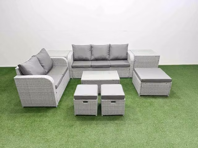 Fimous 8 Seater Grey PE Rattan Wicker Garden Furniture Set with Rectangular Coffee Table, 3 Seater Sofa, Love Seat, 3 Stools and 2 Side Tables
