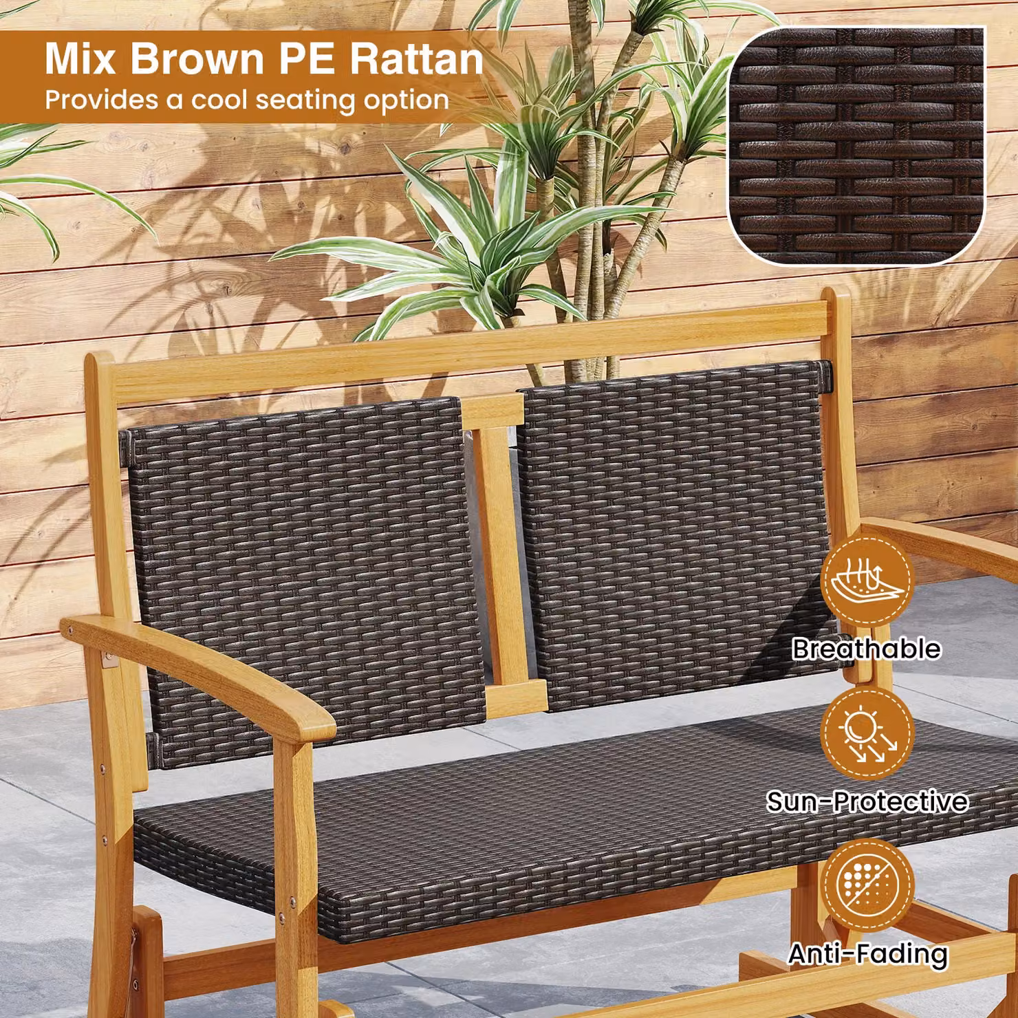 Gymax Outdoor Acacia Wood Glider Bench with Rattan Backrest in Brown – 7