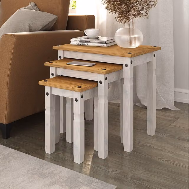 Mews Classic White Solid Pine Nest of Tables with Rectangular Rounded Tops