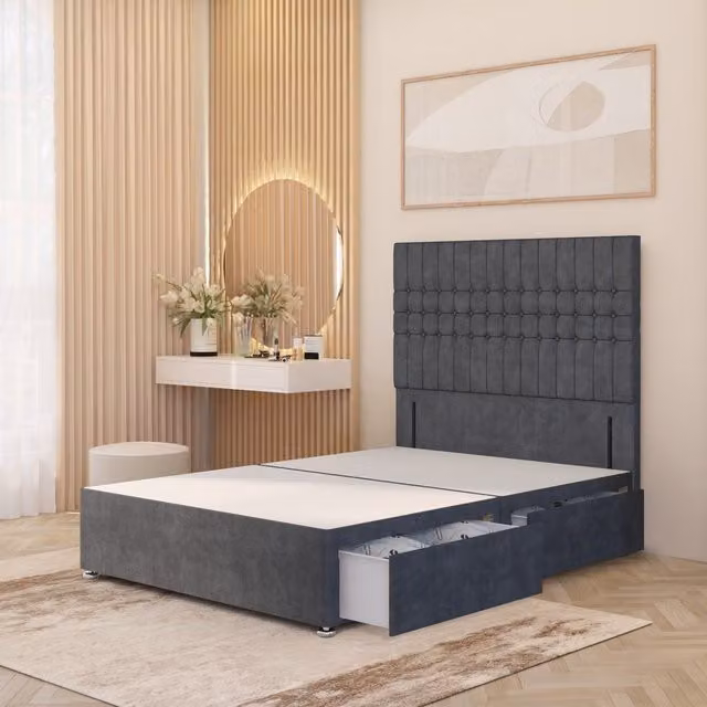 Somnior Beds Ltd Lexington Divan Bed Base with Floor Standing Headboard in Grey Plush Velvet with Drawers, W/D/H: 140 x 200 cm