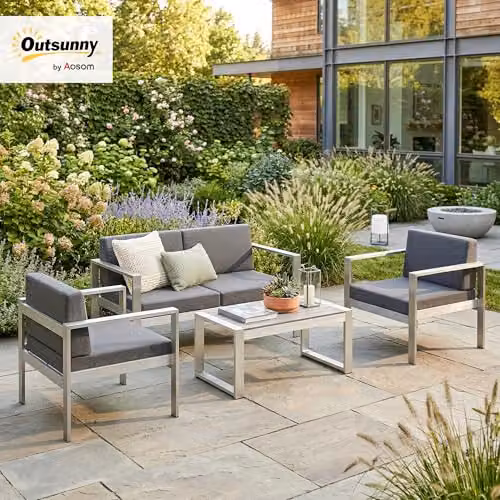 Outsunny 4 Seater Aluminium Garden Furniture Set with Dark Grey Olefin Cushions – 2