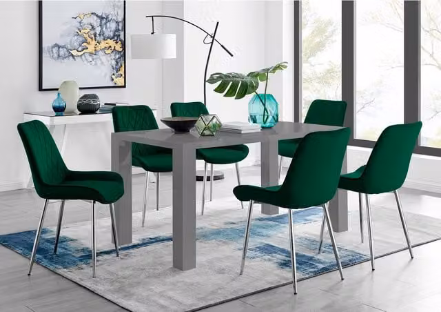 FurnitureboxUK Pivero Grey Rectangular Dining Table and 6 Pesaro Silver Leg Chairs in Green