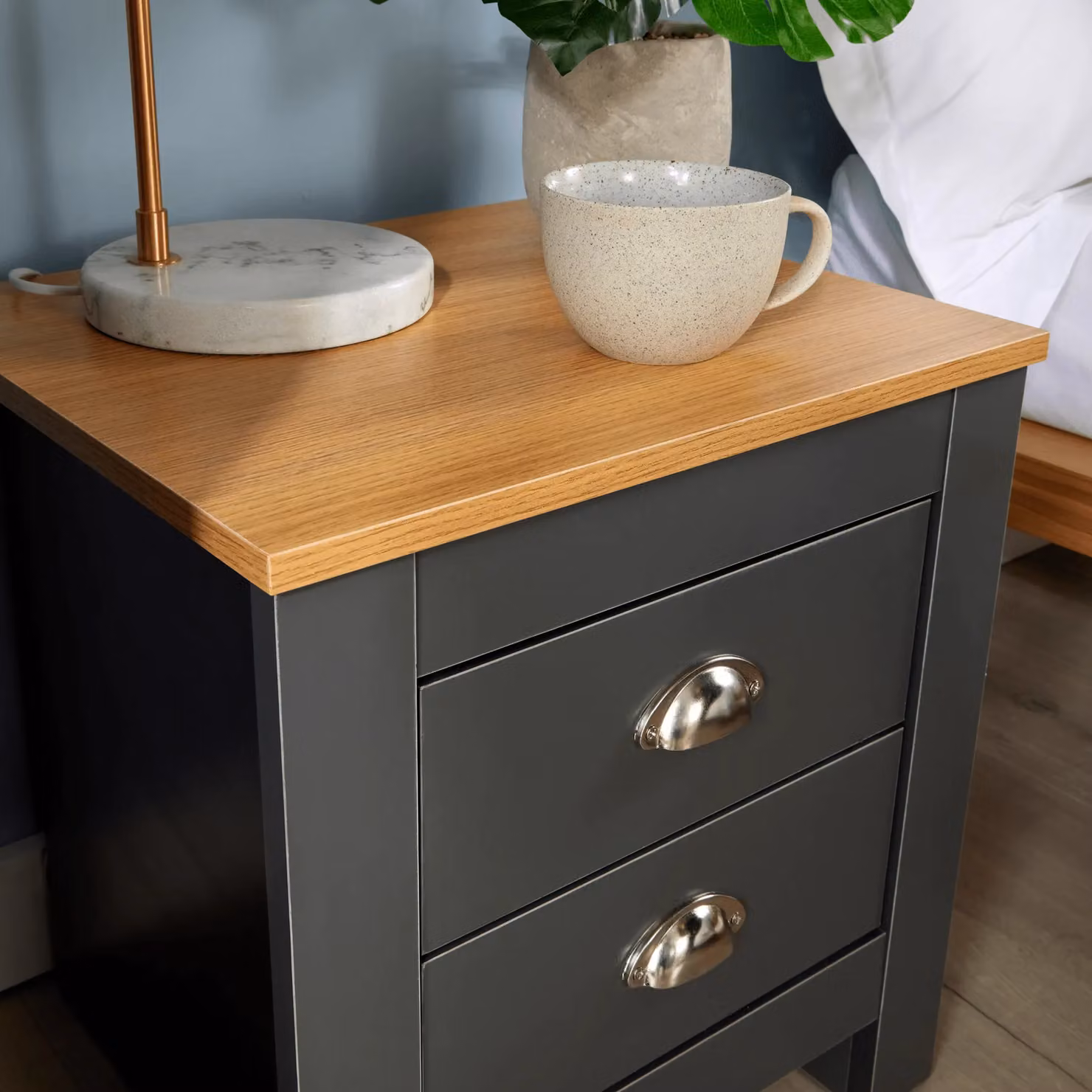 Home Source 2 Drawer Bedside Nightstand with Oak Top and Metal Handles in Dark Grey – 2