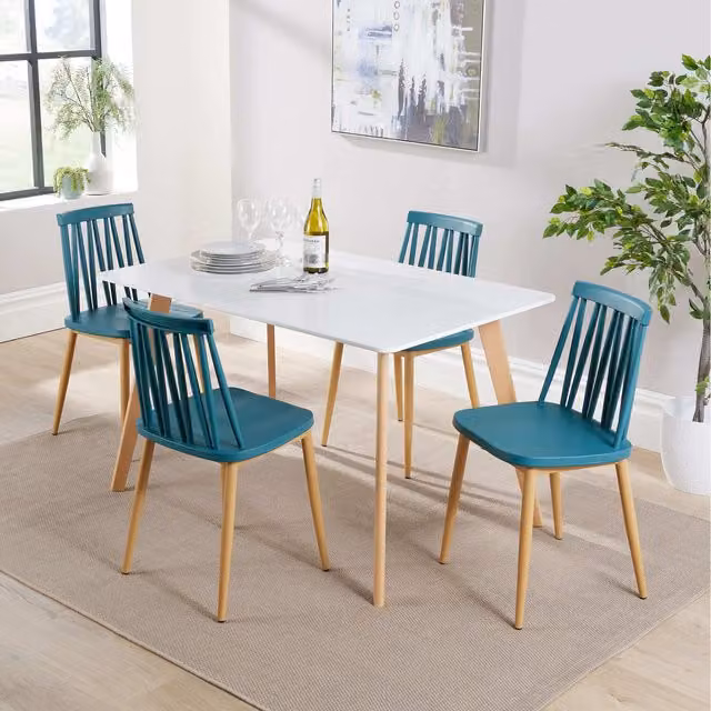 Home Source Fleur Rectangular Dining Set with 4 Lucy Chairs in Petrol Blue and White