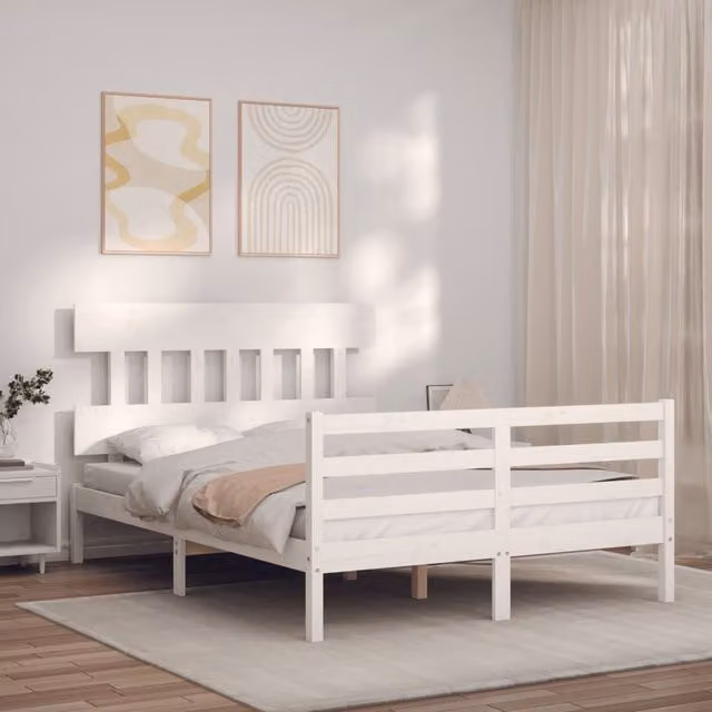 Berkfield Home White Solid Pine Bed Frame with Headboard W/D/H: 140 x 200 cm