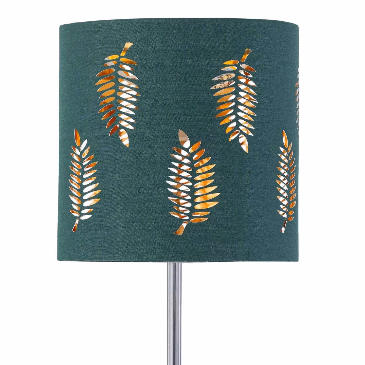First Choice Lighting Chrome Stick Table Lamp with Dark Green Fern Cut Out Fabric Shade in Silver – 2