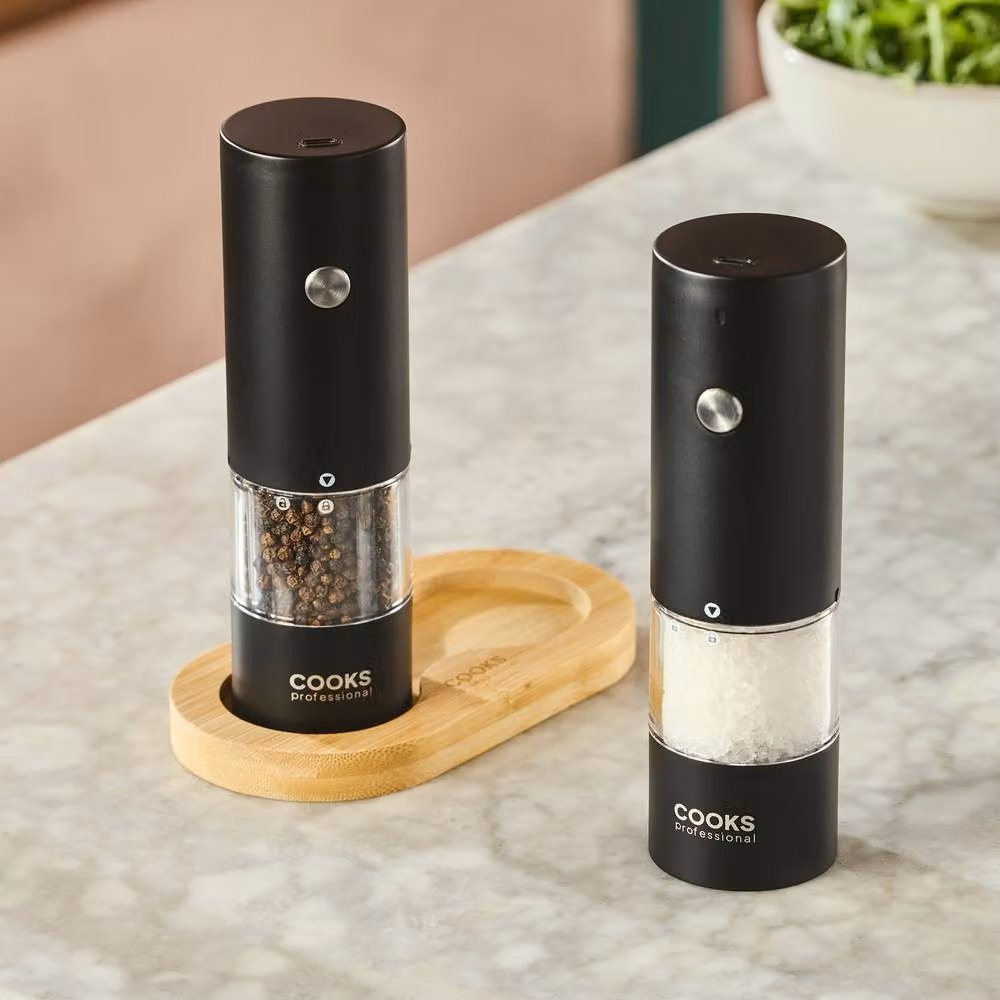 Cooks Professional Rechargeable Stainless Steel Salt and Pepper Mill Set with Bamboo Base in Black – 3