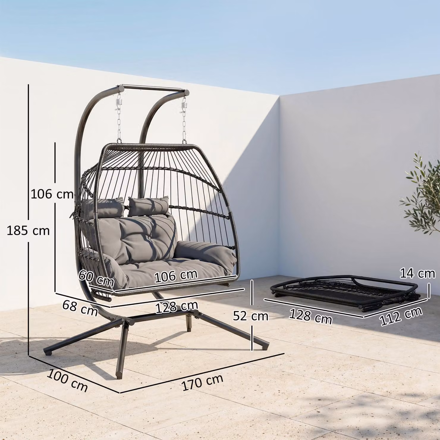 Outsunny Dark Grey Rattan Double Hanging Egg Chair with Stand and Cushions – 3