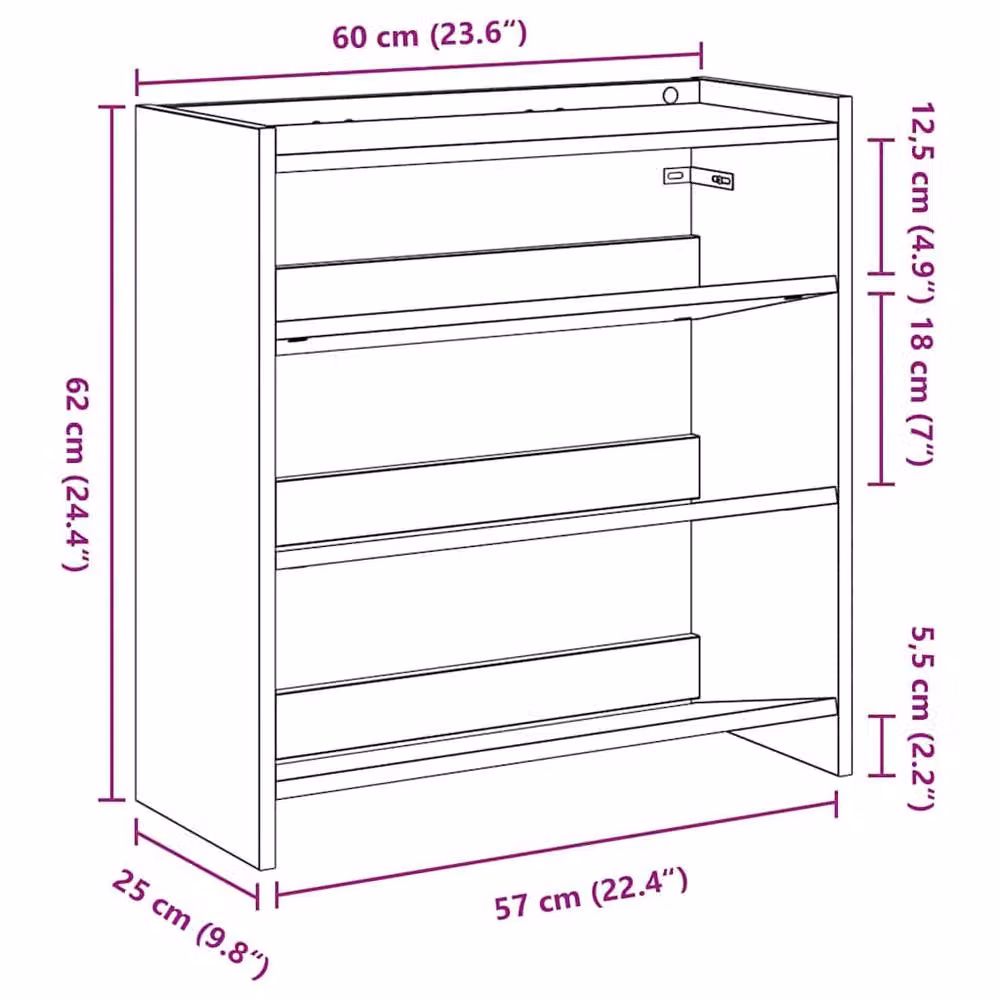 Berkfield Home Black MDF Shoe Rack, W: 60 cm, D: 25 cm, H: 62 cm – 6