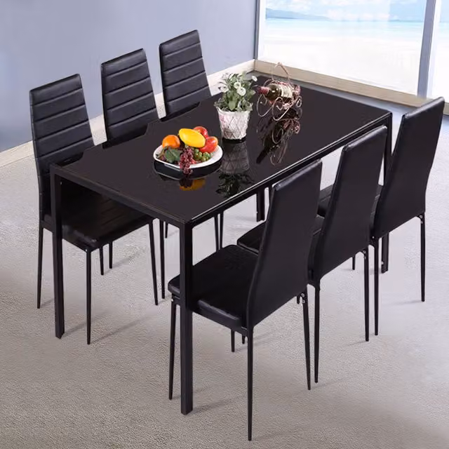 Livingandhome Modern Rectangular Glossy Black Tempered Glass Dining Table
