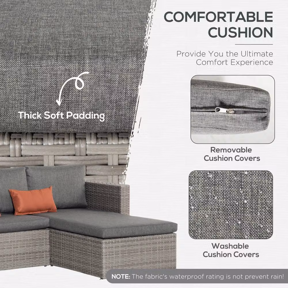 OUTSUNNY 3 Piece Grey PE Rattan Outdoor Sofa Set with Cushions and Tempered Glass Table – 4