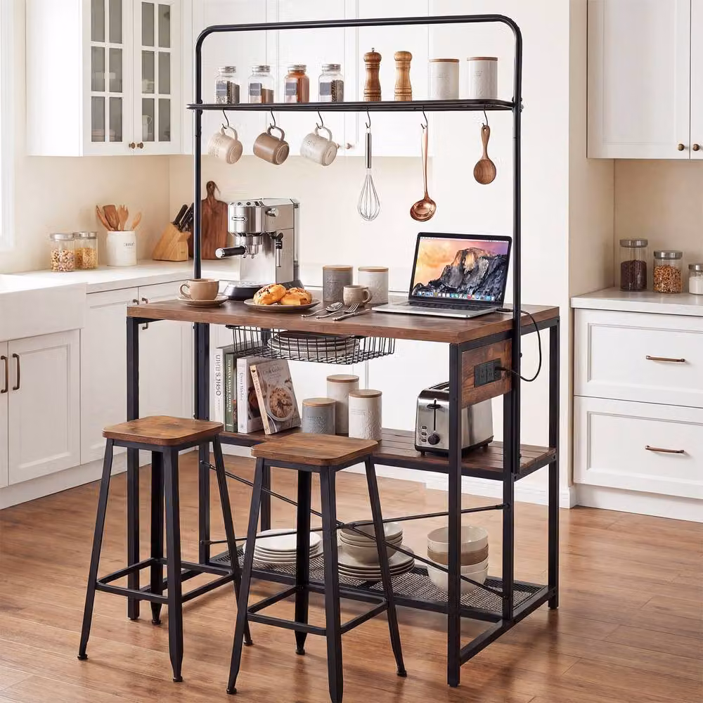 Gymax Metal Industrial Coffee Bar Table and Kitchen Island with Power Outlet in Brown – 3