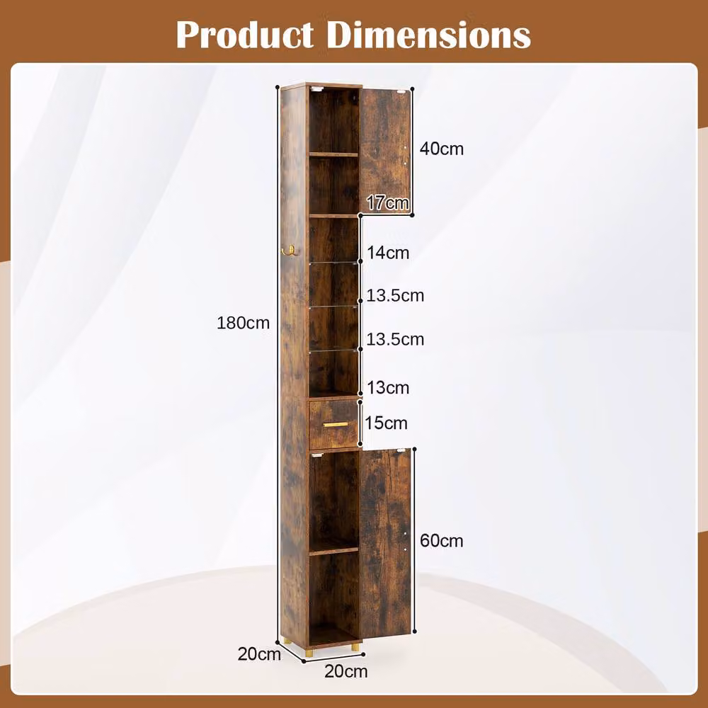 Costway Brown Freestanding Narrow Bathroom Storage Cabinet with 3 Hinged Doors and Internal Shelves, Height: 180 cm – 2