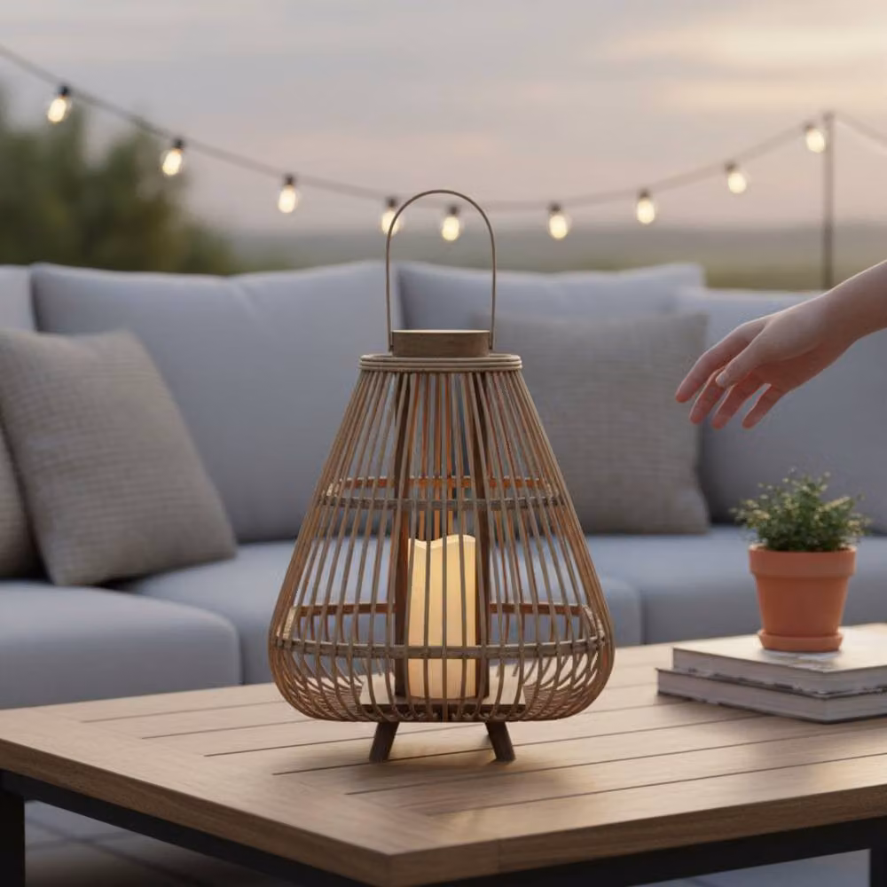 Four Candle Medium Brown Bamboo and Rattan Tabletop Lantern with LED Pillar Candle and Flicker Effect, H: 40 cm, W: 29 cm, D: 29 cm – 2
