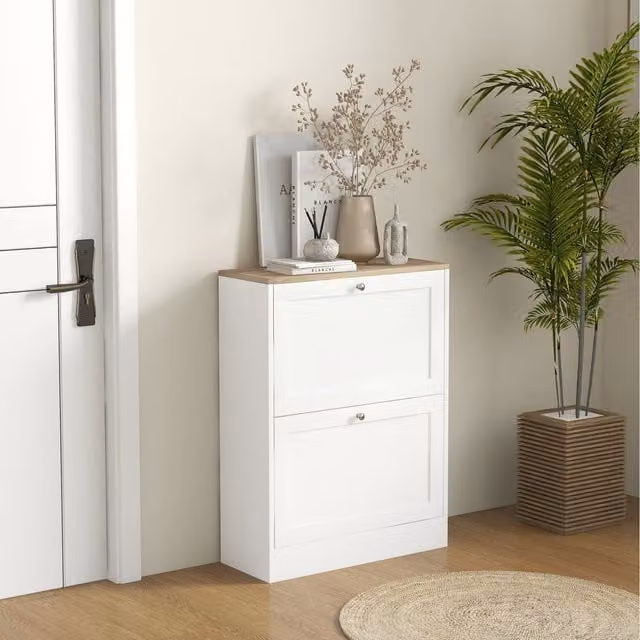 HOMCOM Narrow White Shoe Cabinet with 3 Tilting Flip Doors and Internal Shelves