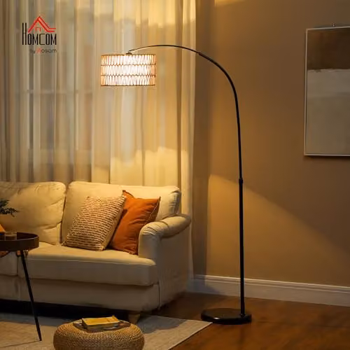 HOMCOM Black Rattan Arc Floor Lamp with Foot Switch and Adjustable Height – 2