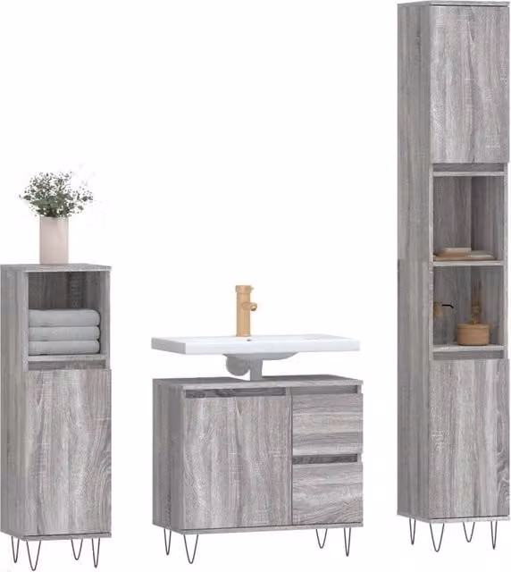 Berkfield Home Modern 3 Piece Grey Bathroom Furniture Set including Tall Cabinet, Side Cabinet and Vanity Unit – 1