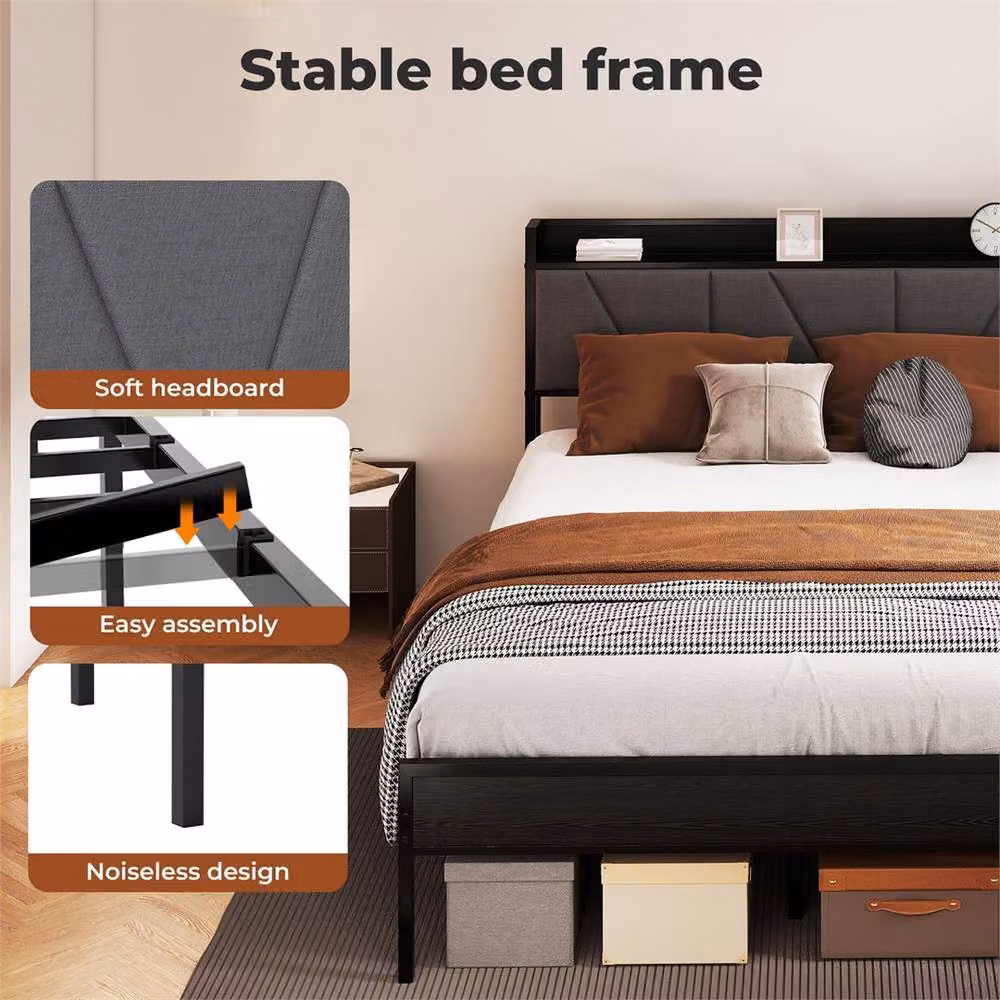 Nordara Small Double Metal Platform Bed Frame with Black Upholstered Headboard, W/D/H: 120 x 200 cm – 4