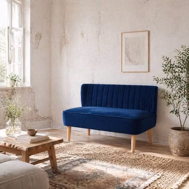 Wyld Haus Haleco 2 Seater Loveseat in Dark Blue Velvet with Panel Tufted Back