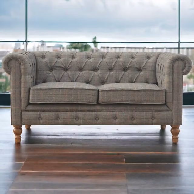 Artisan Furniture Grey Fabric 2 Seat Chesterfield Sofa with Solid Mango Wood Frame