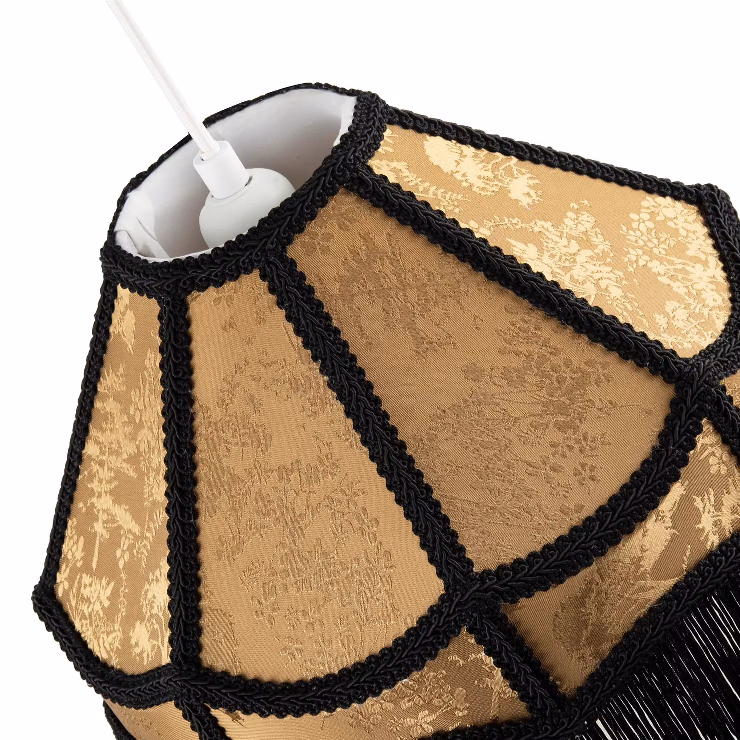 Happy Homewares Gold and Black Victorian Fabric Lamp Shade with Floral Decoration and Long Tassels – 3