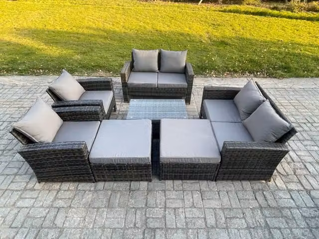 Fimous 8 Seater Outdoor Rattan Garden Furniture Set in Dark Grey with Coffee Table and 2 Ottomans