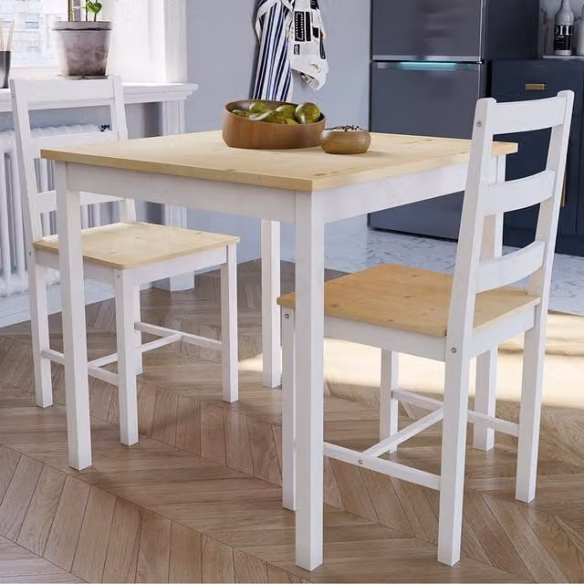 Vida Designs Rustic Square Dining Set in White and Pine with Table and 2 Chairs