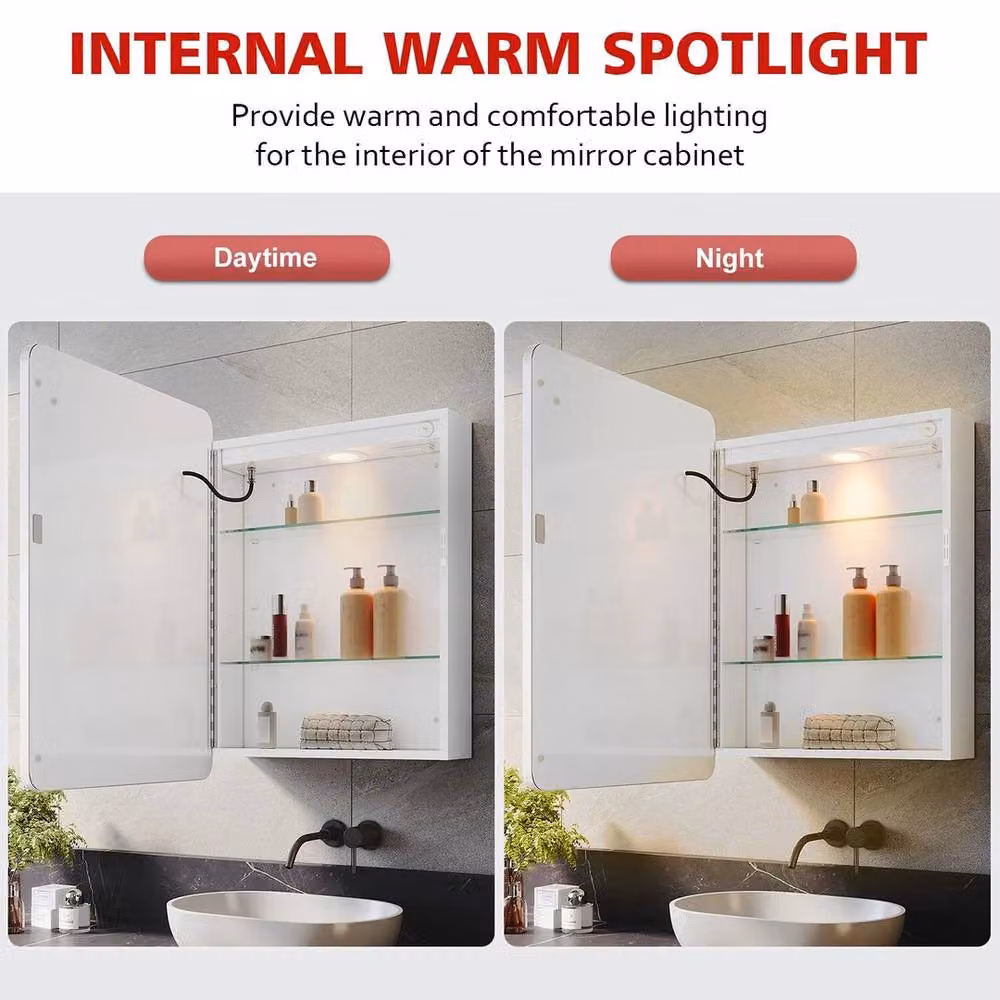 FLAVORA White Modern Wall Mounted Bathroom LED Mirror Cabinet with Anti-Fog Glass Doors – 3