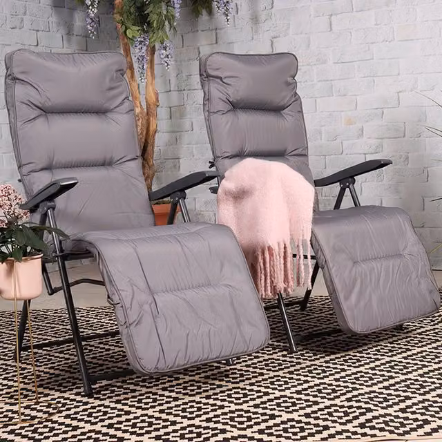 Royalcraft Cairo Black Folding Relaxer with Armrests in Grey and Black Synthetic Leather and Galvanised Steel