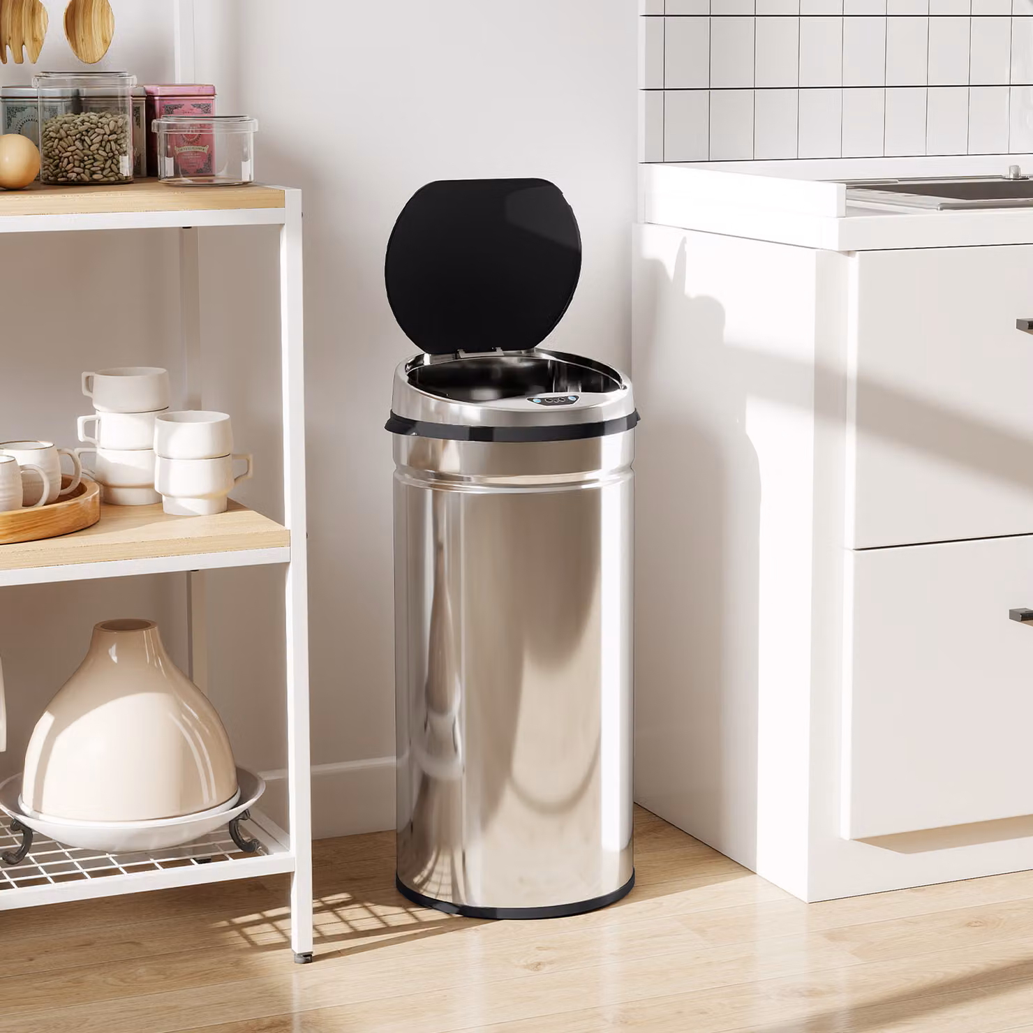 HOMCOM 42L Stainless Steel Sensor Bin in Silver Tone with Soft-Close Lid and Removable Inner Bucket – 6