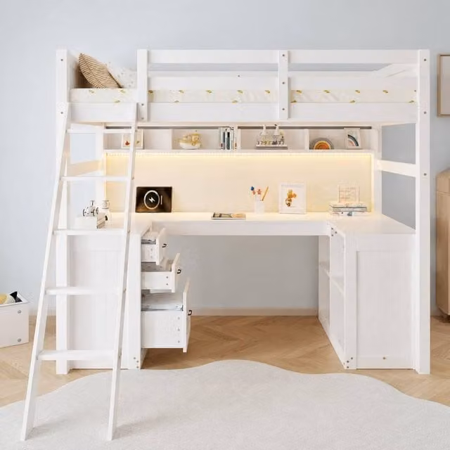 Merax White Single High Sleeper Bed Frame with Drawers, USB Charging Port and Under-Bed Lighting, H: 165 x W: 90 x D: 190 cm