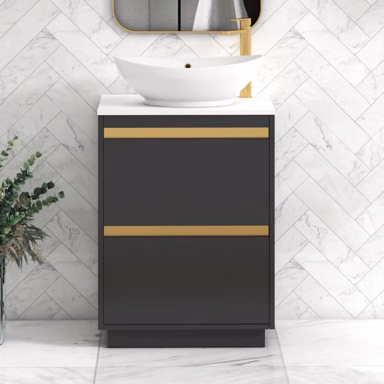 Royal Bathrooms Orion 600mm Matt Obsidian Black and Plain White Floor Standing Vanity Unit with Amaze Basin and Brushed Brass Accent Trim