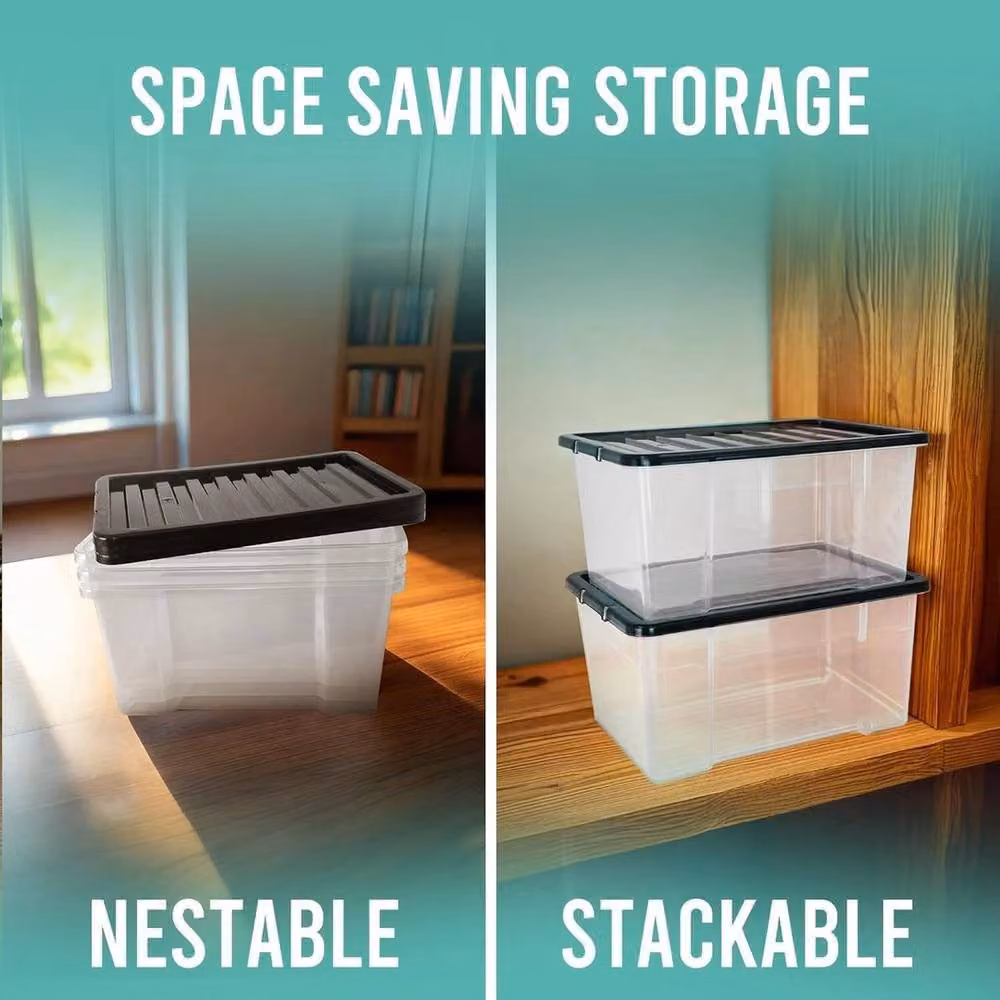 PAWNORA 50L Heavy Duty Stackable Plastic Storage Box with Hinged Lid in Black and Transparent – 4