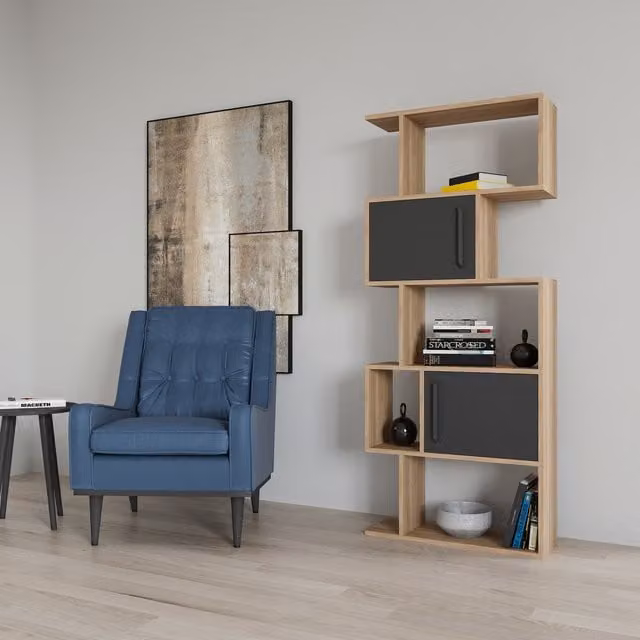 Decorotika Raven Bookcase with Cabinets in Sapphire Oak Pattern and Anthracite, H 173.0 x W 71.0 cm