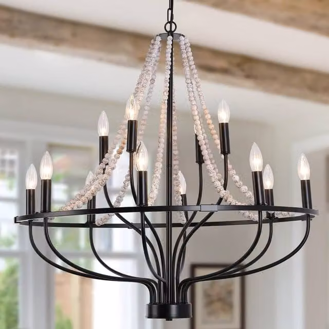 NIVOR 12-Light Dimmable Wagon Wheel Chandelier with Beaded Accents in Black